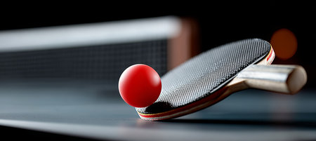 Exciting Ping Pong Match Paddle and Ball Focused Against a Dark Background for Sports Fansの素材