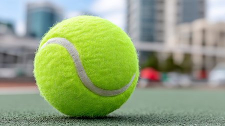 Close Up of a Bright Yellow Tennis Ball on Court Surface, Ready for Action in Sport Competitionの素材