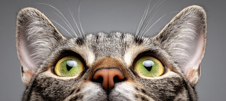 Close-Up of a Domestic Short-Haired Tabby Cat with Striking Big Eyes and Unique Adorable Featuresの素材