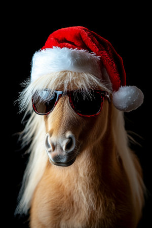 Funny Christmas Portrait of a Horse in Shades and Santa Hat, Adorable Pony on Dark Backgroundの素材