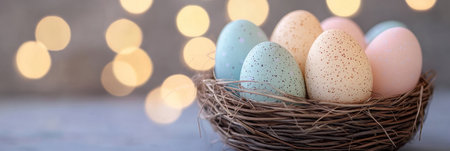 Colorful Speckled Easter Eggs Nestled in Willow Basket with Soft Bokeh Background for Spring Joyの素材