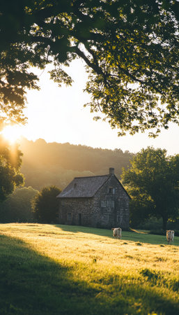 Serene Sunrise Over Lush Green Fields with an Old Barn in the Heart of the Countryside Landscapeの素材