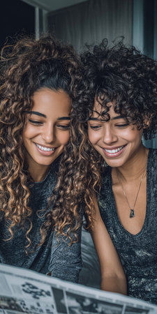 Two Friends Sitting Together in a Cozy Indoor Space, Sharing Laughter and Warm Moments of Joyの素材