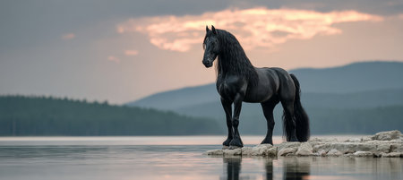 Majestic Friesian Stallion Reflecting in Tranquil Lake with Stunning Mountain Sunset Backdropの素材