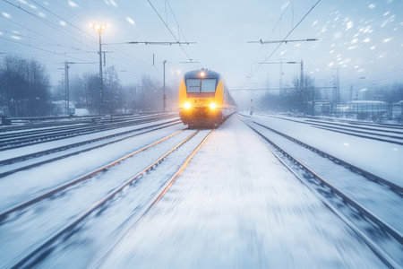 Modern High-Speed Train Journeying Through a Stunning Snowy Winter Landscape with Scenic Viewsの素材
