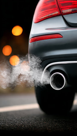Traffic Emission Display Gray Car Releasing Air Pollution and Impact on Environment with Smokeの素材