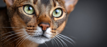 Charming Abyssinian Cat Portrait Expressive Eyes and Unique Beauty Against a Soft Gray Backgroundの素材