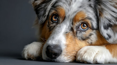 Beautiful Australian Shepherd Dog with Expressive Eyes Resting Gracefully Against Gray Backgroundの素材