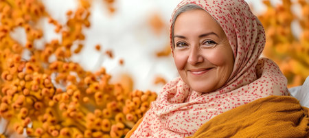 Joyful senior woman in a scarf enjoying a serene autumn day surrounded by colorful flowers.の素材