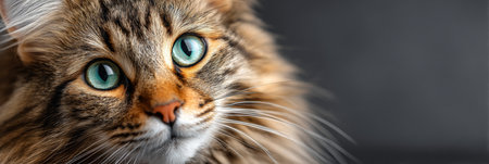 Majestic Norwegian Forest Cat Captivating Eyes and Fluffy Fur on Soft Studio Backgroundの素材