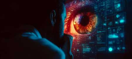 Man Analyzing an Augmented Reality Interface with a Huge Digital Eye View in a Futuristic Settingの素材