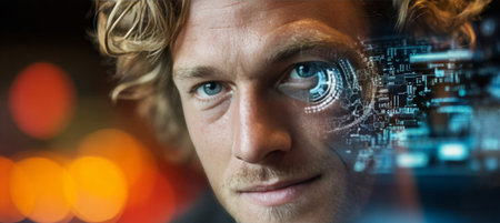 Futuristic digital technology and AI transforming modern machine learning and data analytics.の素材