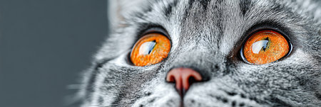 Captivating Australian Mist Cat with Expressive Amber Eyes and Intense Stare on Gray Backgroundの素材
