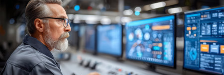 Innovative Engineer Analyzing Advanced Technology and Complex Visual Displays for Future Solutionsの素材