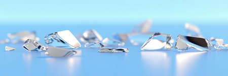 Elegant Glass Artwork with Shattered Fragments on a Bright Light Blue Blurred Surface Backgroundの素材