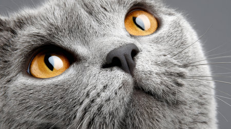 Stunning Portrait of a Gray Cat with Captivating Amber Eyes Against a Soft Gray Background Designの素材