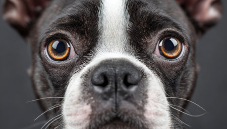 Stunning Close-Up Portrait of a Boston Terrier with Alert Eyes on a Soft Gray Backgroundの素材