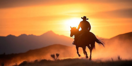 Heroic Cowboy Silhouette Riding Horse Into Sunset Over Majestic Mountains and Rural Landscapeの素材