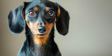 Charming Dachshund Dog with Big Expressive Eyes Posing Adorably on a Soft Gray Backgroundの素材