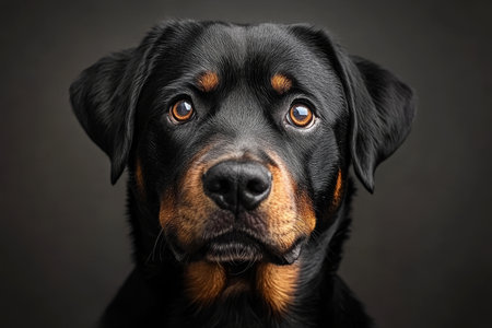 Stunning Close-Up of a Charming Rottweiler with Expressive Eyes Against a Soft Gray Backgroundの素材