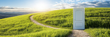 Open Door on a Green Field Symbolizing Endless Possibilities and New Paths Towards Successの素材