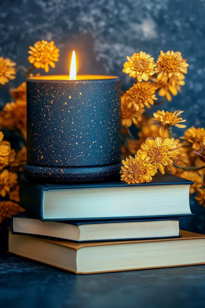 Charming Still Life Featuring a Speckled Candle on an Open Book Surrounded by Bright Yellow Flowersの素材