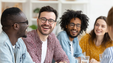 Joyful Group of Millennial Friends Laughing and Enjoying a Cheerful Indoor Gathering Togetherの素材