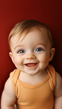 Joyful blond baby with a bright smile and sparkling blue eyes, radiating happiness in studio.の素材