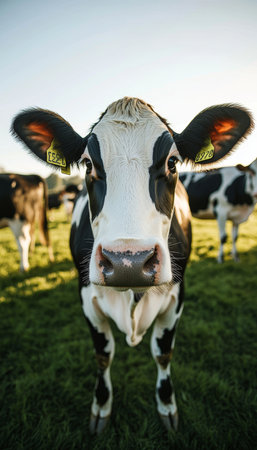 Beautiful Holstein Cow Grazing Peacefully in Lush Green Pastureland Under Clear Blue Skyの素材