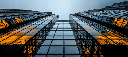 Skyscrapers Towering Above the Cityscape A Stunning Evening Reflection on Glass Facades and Lightsの素材