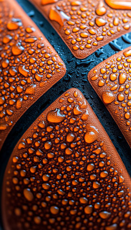 Close-Up of a Wet Basketball on Surface, Showcasing Textures and Water Droplets on Orange Leatherの素材