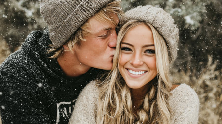 Affectionate young couple joyfully sharing a playful winter moment in a beautiful snowy landscape.の素材