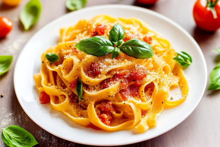 Delicious Homemade Tagliatelle with Rich Tomato Sauce and Fresh Basil Garnish on a Plateの素材