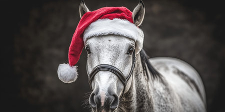 Charming White Horse in a Santa Hat Against Gray Background, Perfect for Christmas Celebrationsの素材