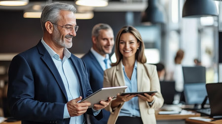 Executive Managers Collaborating on Business Plan with Tablet Presentation in Meeting Roomの素材