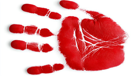 A Dramatic Red Blot and Hand Impression Create an Evocative Artwork on a White Canvas Backgroundの素材