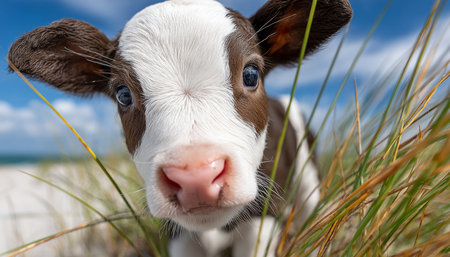 Charming Close-Up of a Brown and White Calf Grazing in a Lush Meadow Under a Bright Blue Skyの素材