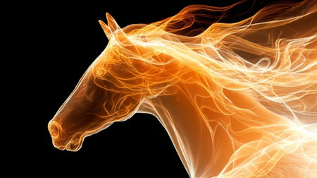 Majestic Fiery Stallion Ablaze with Energy and Power, Isolated Against a Serene Black Backgroundの素材