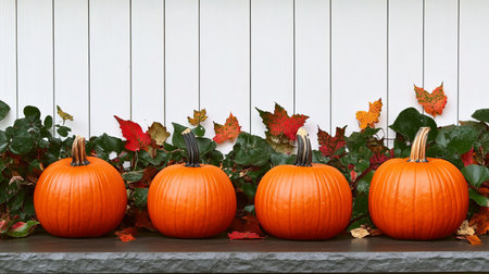 Beautiful festive fall arrangement featuring natural pumpkins and colorful leaves for autumn decorの素材