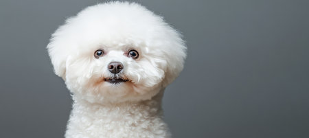 Charming Bichon Frise with Adorable White Face, Posing Gracefully Against a Soft Gray Backgroundの素材