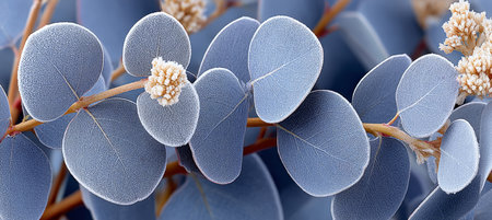 Macro Photography of Frost Covered Eucalyptus Leaves on Gray-Blue Twig, Abstract Botanical Artの素材