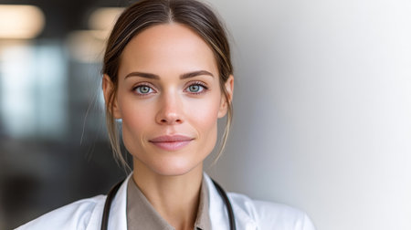 Confident Female Doctor with Stethoscope in Professional Setting, Showcasing Medical Expertiseの素材