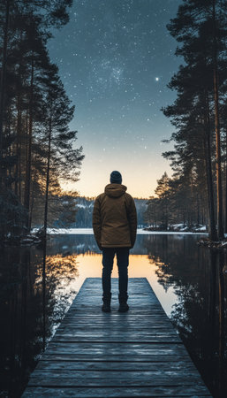 Contemplative Figure Gazing at Starry Night Sky in Serene Winter Landscape with Calm Reflecting Lakeの素材