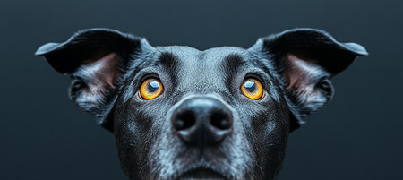 Adorable Black Doberman Pinscher with Captivating Eyes Posed in Studio on Dark Gray Backgroundの素材