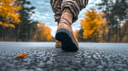 Soldier Walking Alone on a Lonely Autumn Road, Embracing Adventure and Courage in Uncertain Timesの素材