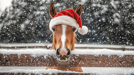 Festive Christmas Horse with Santa Hat by Iced Wooden Fence in Snowy Winter Landscape Sceneの素材