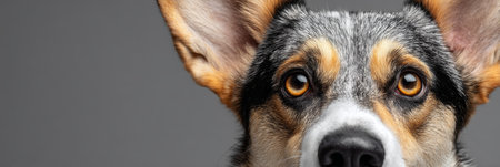 Close-up of a Welsh Corgi with Affectionate Eyes and Captivating Gaze on a Pure White Backgroundの素材