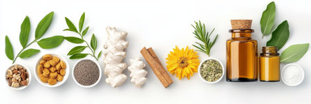 Aromatic Herbal Ingredients for Holistic Health Spa Treatments on White Background in Still Lifeの素材