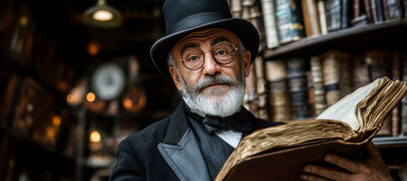 Mature gentleman immersed in classic literature, dressed in vintage attire in a charming setting.の素材