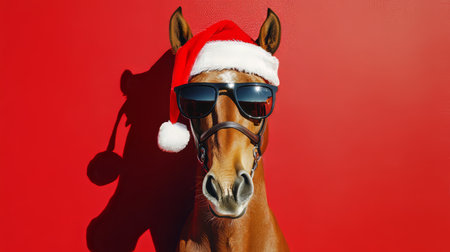 Whimsical Horse Wearing Santa Hat and Sunglasses, Ideal for Holiday Cards and Christmas Cheerの素材
